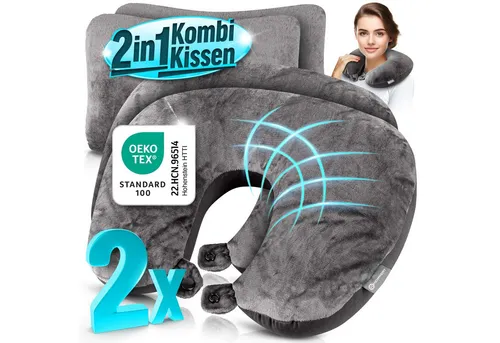 HEIMWERT Reisekissen Nackenkissen 2x, 2in1 für entspanntes Reisen - Nackenkissen für Flugzeug und Auto, verwandelt sich schnell in ein Kopfkissen. Ideal für Kinder und Erwachsene, platzsparend und mit Mikroperlen für optimalen Komfort.