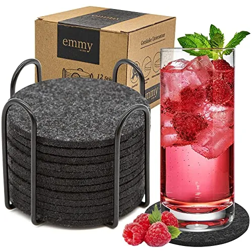 Emmy Home Filz Untersetzer 12er Set Anthrazit mit Metallhalter – Glasuntersetzer Rund 5 mm Tassenuntersetzer Bierdeckel Tischuntersetzer Filz für Küche Bar Büro Modernes Zubehör & Geschenkidee