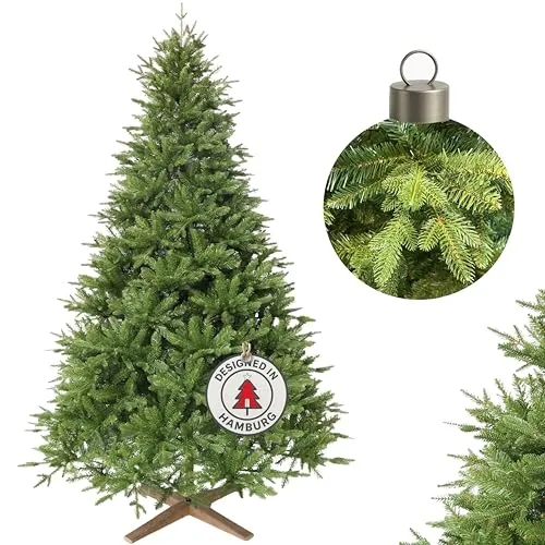 Hochwertiger künstlicher Weihnachtsbaum 210cm mit Holzfuß - Premium Spritzguss Weihnachtsbaum künstlich mit PVC im harmonischen Mix, Schnellaufbau, Tannenbaum künstlich als Weihnachtsdeko
