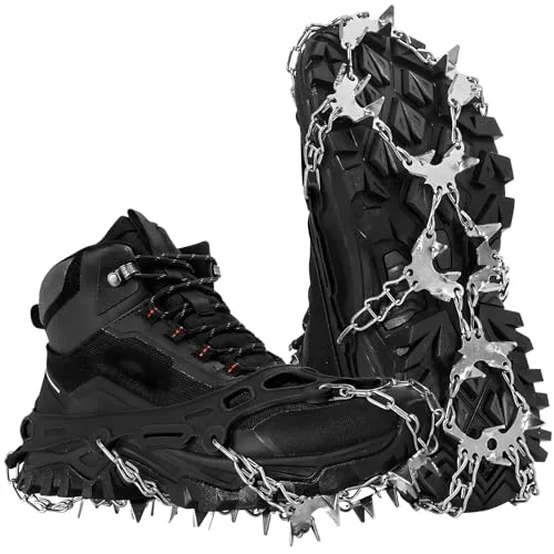 HOSLAFON Steigeisen für Schuhe, 32 Spikes, EIS- und Schneegriffe, Edelstahl-Traktionsstollen zum Gehen, Joggen, Klettern und Wandern