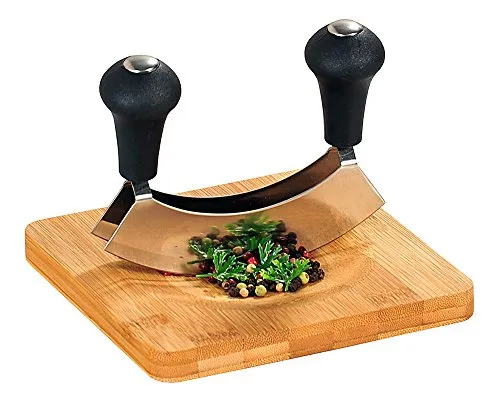 KESPER Kräuterschneidebrett mit Wiegemesser – Bambus, 16 x 16 cm - Schneidebrett mit ergonomischem Wiegemesser aus rostfreiem Edelstahl und rutschfesten Füßen. Perfekt für das feine Hacken von Kräutern und Gemüse – ideal für Hobbyköche und Kräuterfans!