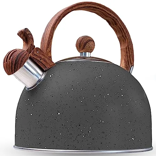 La Moustache - Wasserkessel Induktion【2,5 L | 10 Tassen】Pfeifkessel aus Edelstahl, Teekessel mit Hitzebeständigem Griff und Dichtung Deckel, Wasserkocher Retro für Alle Kochplatten (Grau)