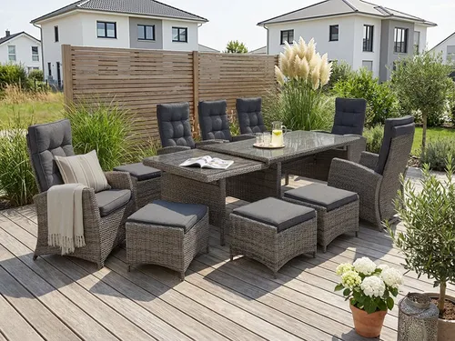 KONIFERA Garten-Essgruppe Monaco 27-tlg. für 10 Personen - Essgruppen aus Aluminium & Polyrattan, ausziehbarer Tisch, stufenlos verstellbare Rückenlehnen für optimalen Komfort im Außenbereich.