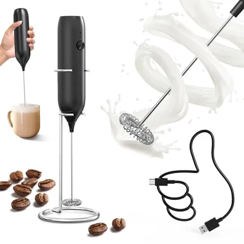 CIRCLE JOY Milchaufschäumer Stab mit Edelstahlständer Wiederaufladbar Milchaufschäumer Elektrisch Milk Frother für Cappuccino, Kaffee, Latte, Schwarz