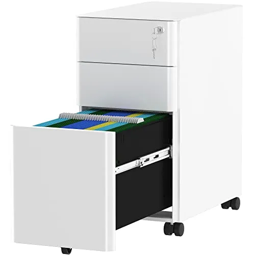 YITAHOME Rollcontainer, Abschließbar Rollcontainer mit 3 Schubladen, Metall Mobiler Aktenschrank Büroschrank mit Rollen für A4, Legal, Letter Home-Office, Hängeregistratur, Weiß, 46 x 30 x 59cm