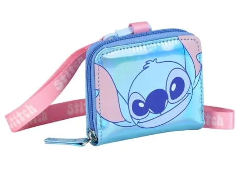 Stitch Geldbörse mit Riemen, schillerndes Design, Blau und Rosa, Reißverschluss