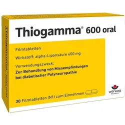 Thiogamma 600 oral - Arzneimittel zur Linderung von Missempfindungen bei diabetischer Polyneuropathie, enthält 600 mg Alpha-Liponsäure für einen antioxidativen Effekt und ist gut verträglich für die Daueranwendung.