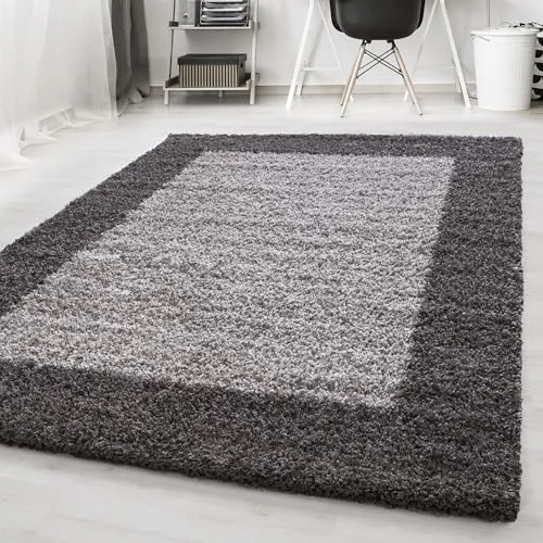 Carpetsale24 Hochflor Teppich Shaggy 300x400 cm Grau - Eleganter Hochflor Teppich mit stilvoller Bordüre, ideal für große Räume. Flauschig und weich mit 30 mm Florhöhe für ein gemütliches Laufgefühl. OEKO-TEX zertifiziert, pflegeleicht und kinderfreundlich.