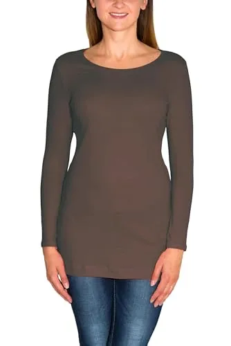 Alkato Damen Langarm Longshirt Langarmshirt Tunika Basic Shirt, Farbe: Schokoladenbraun, Größe: S