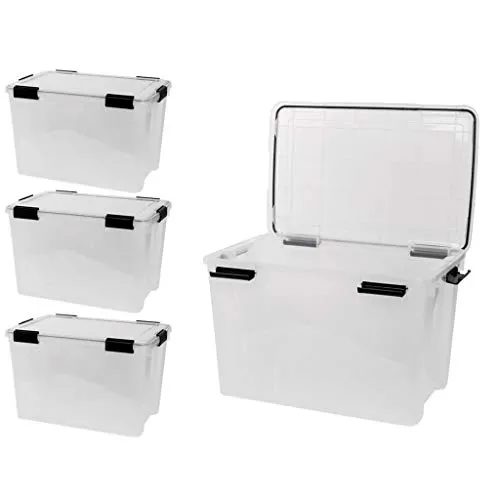 Kreher XL Lagerbox Set - 4 Stück, 70 Liter, wasserdicht - Aufbewahrungsbehälter mit Deckel, 4 Stück XL Lagerboxen mit 70 Litern Volumen, wasserdicht und stapelbar für optimale Ordnung im Haushalt, Keller und beim Camping.