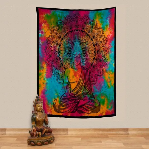 Buddha Dekotuch Tagesdecke – Wandbehang im Goa-Stil - Wandteppich aus 100% Baumwolle in bunten Farben, ideal für kreative Raumgestaltungen und gemütliche Atmosphäre.