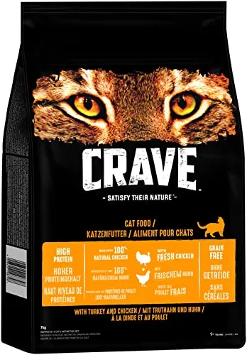 Crave Adult Trockenfutter mit Truthahn & Huhn - 7kg Premium Katzenfutter, hoher Proteingehalt und getreidefrei für empfindliche Katzen