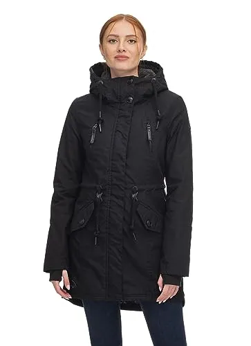 Ragwear Outdoorjacke ELSIE - Damen Kurzmantel in Schwarz mit hochgeschnittener Kapuze, Daumenloch-Bündchen und praktischen Reißverschlusstaschen – ideal für stilvolle Outdoor-Aktivitäten.