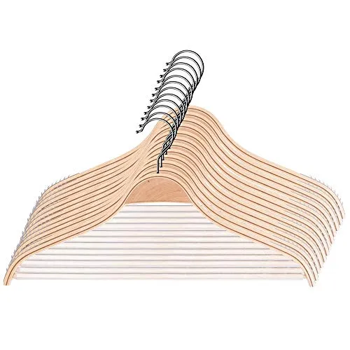 KADAX Kleiderbügel aus Holz mit eingekerbten Schultern, Hosensteg, platzsparende Garderobenbügel für Hosen, Rock, Hemd, Anzug, rutschfest, 360°drehbarer Metallhaken (12)
