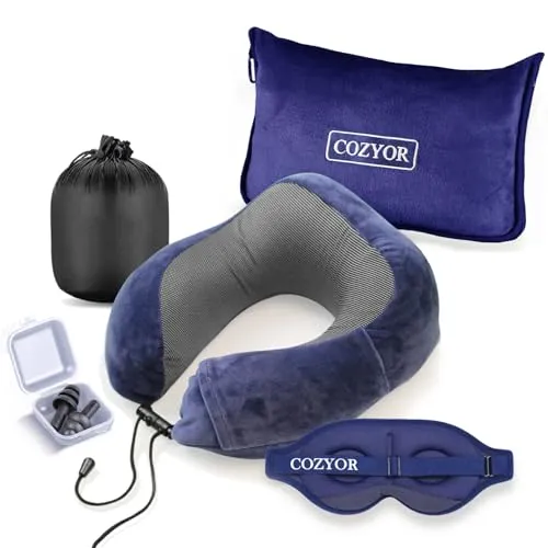 Cozyor Reiseset 4-teilig: Nackenkissen, Schlafmaske & mehr - Reise-Kissen Set mit 2-in-1 Reisedecke für maximalen Komfort und praktische Kofferbefestigung. Ideal für ungestörte Reisen für Kinder und Erwachsene.