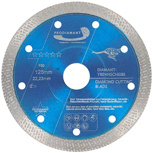 PRODIAMANT Profi Diamant Fliesenscheibe F50 125mm x 22,2mm Fliese Feinsteinzeug extra dünn für bis zu 20mm Plattenstärke