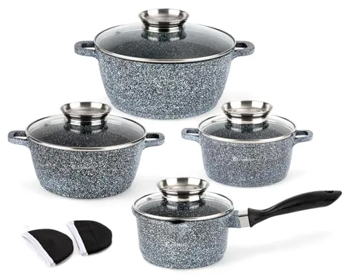 EliteHoff Induktion Topfset mit Stieltopf, 9-tlg Kochgeschirr-Set 16/16/20/24 cm, Kochtopf mit Deckel, Topf Aluminium, Antihaft Kochgeschirr für alle Herdarten, Spülmaschinenfest, PFOA-frei (Grau)