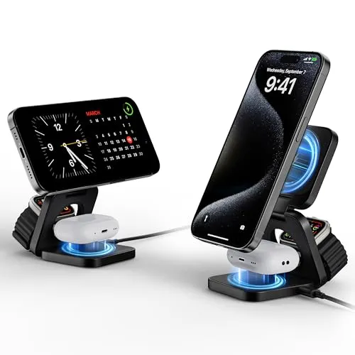 LULULOOK Aluminium 3 in 1 Ladestation Apple Watch und iPhone, Faltbar Kabelloses Ladestation für iPhone 16/15/14 Serie, 5W Reisen Schnelles Aufladen für Apple Watch AirPods, Mehrere Geräte (Schwarz)