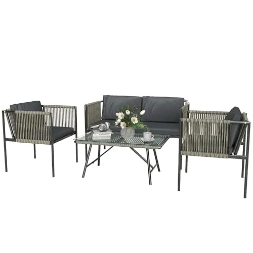 Outsunny Gartenmöbel Set aus Polyrattan - Vierteiliges Unterhaltungsset für die Terrasse mit wetterfestem 2er Sofa, Sessel und Glastisch – ideal für stilvollen Komfort im Außenbereich.