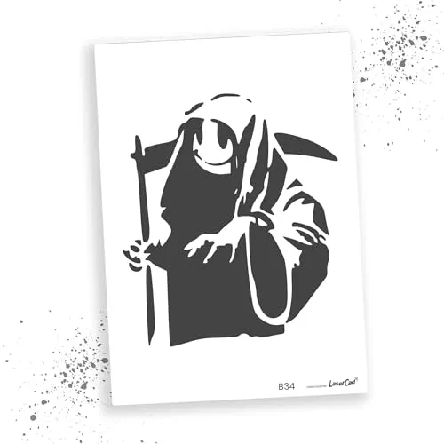 LaserCad Schablonen BANKSY Streetart (B034, Happy Smile Face Death, DIN A4) Stencil für Graffiti, Airbrush, Kunst, Deko, zum Malen