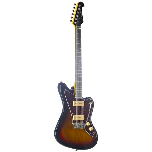 J & D E-Gitarre JM30 SB Sunburst – Vintage Stil - Die JM30 E-Gitarre bietet klassischen Sound mit zwei P-90 Tonabnehmern, einem massiven Erlekorpus und einem Vintage-Vibrato-System. Ideal für Einsteiger und Fortgeschrittene, die ein authentisches Spielgefühl suchen.
