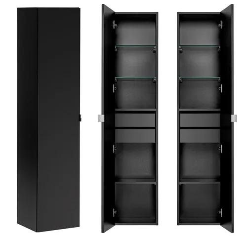 Lomadox Badezimmer Hochschrank in matt schwarz mit Softclose-Funktion - Moderne Waschplätze mit 2 innenliegenden Schubladen und verstellbaren Glasböden. Hochwertige Materialien und zeitloses Design für ein stilvolles Badezimmer.