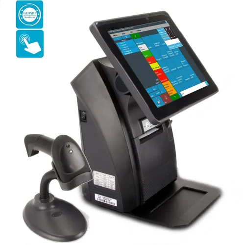 All-in-One Kasse HANDEL IMBISS SUPERMARKT - Kassenlösung für Einzelhandel und Gastronomie: TSE-konform, benutzerfreundlich mit 15 Zoll Touchscreen, integriertem Bondrucker und Scanner für effizientes Kassieren.