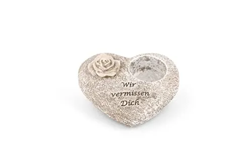 Novaliv Grabschmuck Herz Grau mit Rose Spruch Wir vermissen Dich Grabdeko Grabherz Wetterfest Grabdekoration Gedenkstein Teelichthalter Trauerstein
