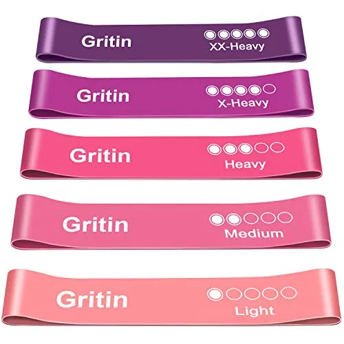 Produktbild Gritin Fitnessbänder Widerstandsbänder mit 5 Stufen, Latex Fitnessband Resistance mit Deutscher Übungsanleitung & Tragebeutel, Gymnastikband für Muskelaufbau, Yoga - 5er Set