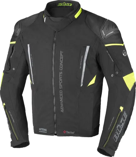 Büse Rocca Textiljacke Schwarz / Neon-Gelb 46 - Motorradjacken mit entnehmbarer HUMAX® Klimamembrane, wasserdicht und atmungsaktiv für besten Komfort bei jeder Tour. Sicherheitsprotektoren sorgen für hohen Schutz.