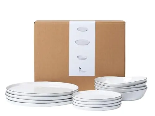Broste Copenhagen 80019733 Salt Geschirrset - 12-teiliges Tafelservice aus handbemaltem Steingut in Weiß, jedes Stück ein Unikat mit eleganten, klassischen Formen und einzigartiger Glasur für einen stilvollen Tisch.