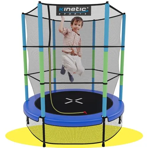 KINETIC SPORTS Kinder Trampolin Jumper 140 cm - Sicheres Indoor Spielvergnügen - Trampolin für Kinder bis 8 Jahre mit gelenkschonender Gummiseil-Federung, Sicherheitsnetz und gepolsterten Stangen für hohen Spielspaß und Sicherheit.