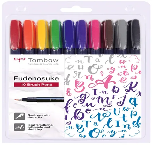 Tombow Brush-Pen WS-BH-10P - Fudenosuke Set mit 10 farbigen Markern, elastische Spitze für kreative Letterings und Illustrationen