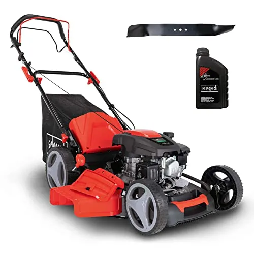Scheppach MS173-51 Benzin Rasenmäher mit Öl & Ersatzmesser | 51cm Schnittbreite | Reinigung | 65 Liter Fangkorb | Stahlgehäuse | 7-stufige Höhenverstellung | Mulchfunktion | Radantrieb | Seitenauswurf