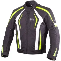 GMS Pace Motorrad Textiljacke 2XL - Motorradjacke in schwarz-weiss-gelb mit reflektierenden Drucken für optimale Sichtbarkeit und einem komfortablen Kragen für angenehmen Tragekomfort.
