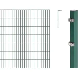 Alberts 653187 Doppelstabmattenzaun 26 tlg. Komplettset | 24 m Länge, 140 cm Höhe, grün - Zaunpfosten aus verzinktem Stahl, grün kunststoffbeschichtet, ideal für sichere und dekorative Umzäunungen, inklusive 12 Doppelstabmatten und 13 Zaunpfosten.