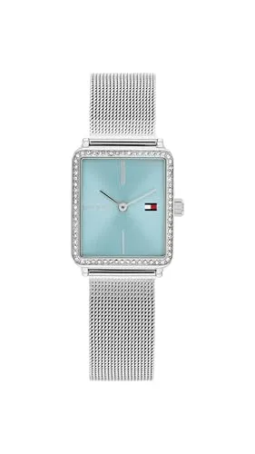 Tommy Hilfiger Damen Uhr mit Silbernes Edelstahl-Mesh-Gliederarmband - 1782789 - Elegante Armbanduhr für Damen mit Aqua Blue Zifferblatt und hochwertigem Edelstahl-Mesh-Armband, ideal für jeden Anlass und wasserfest bis 3 ATM.