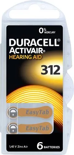 Duracell Hörgerätebatterien Typ 312 PR41 - 6 Stück - Braun - Langlebige Duracell Hörgerätebatterien Typ 312 mit praktischer EasyTab® Lasche für einfachen Austausch. Quecksilberfrei, mit bis zu 4 Jahren Lagerfähigkeit – ideal für zuverlässige Leistung im Alltag.