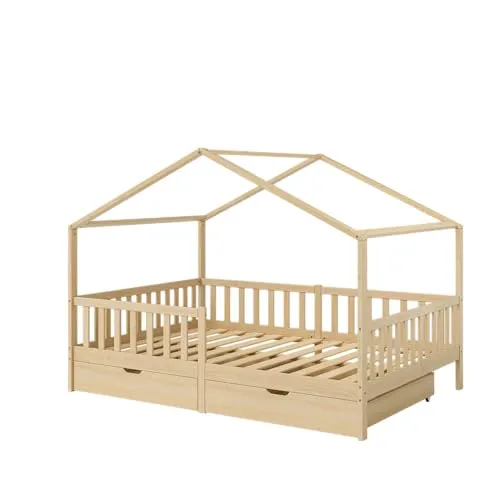Bellabino Bia Kinderbett 140x200 cm – Hausbett mit Rausfallschutz, Lattenrost & 2 Schubladen – Montessori Kinder Bett aus Massivholz Kiefer – Bett für Jungen und Mädchen mit Stauraum in Natur