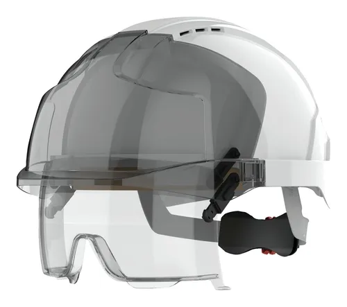 JSP EVO VISTAlens mit Überbrille weiß - Schutzhelm mit integrierter Überbrille, bietet optimalen Schutz und Sicht bei Arbeiten in gefährlichen Umgebungen.