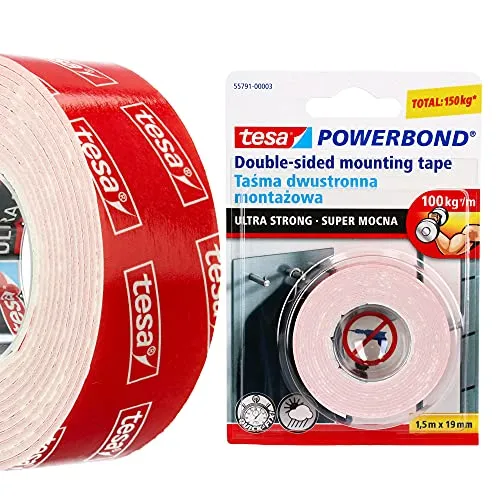 tesa® Doppelklebeband Doppelseitiges Montageband POWERBOND 1,5 m x 19 mm ULTRA STRONG | Klebeband Für Montagearbeiten Innen & Außen | Kleben Wandbefestigung Ohne Bohren Extra Starke 55791-00003-01