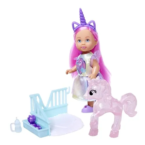 Simba Evi Love Unicorn, Spielpuppe trägt EIN süßes Einhornkleid mit passendem Haarreif, inkl. Einhorn mit Stall, Äpfeln und Trinkflasche, 12cm, ab 3 Jahren