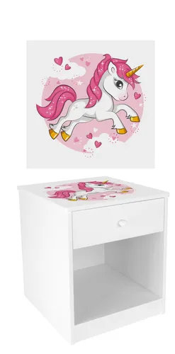 Nachttisch aus Holz - Weiß - Nachtschrank mit Schublade für Kinder, Pink Unicorn