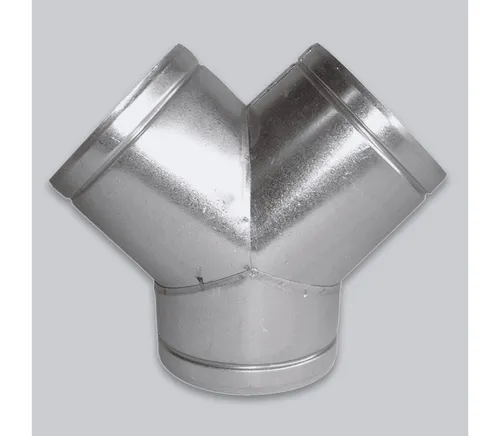 Subtiel Lüftungsgitter Y-Stück 90° für Lüftungsrohre - Y-Stück für runde Lüftungsrohre im 90°-Winkel. Ideal zur gezielten Luftstromlenkung in zwei Richtungen. Hitzebeständig bis 250 °C, geeignet für den professionellen Einsatz. Durchmesser: 125 mm, aus robustem verzinktem Stahl.