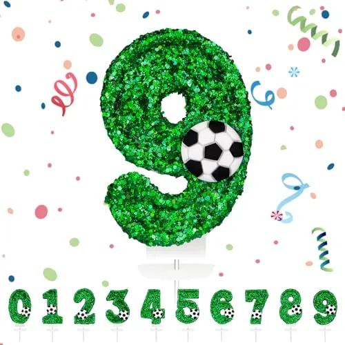 Geburtstagskerzen Zahlen 9,3D Grün Fußball Geburtstagskerzen,Grün Kerzen Geburtstag Zahl 9, Kuchen Topper Dekoration Kuchendeko Geburtstag, Geburtstagskerzen für Geburtstagsdeko Mädchen Jungen