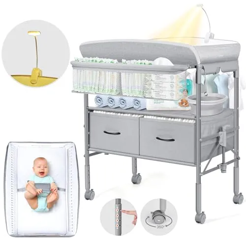 Orzbow Tragbarkeit Baby Wickelkommode mit Schubladen und Nachtlicht, Grau | Höhenverstellbare Mobiler Baby Wickeltisch Klappbar mit Sicherheitsgurt, Geräumiger Stauraum Baby Changing Table