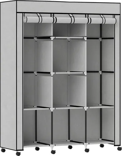 Stoffgarderobe mit 8 Einlegeböden und 2 Kleiderstangen, Grau