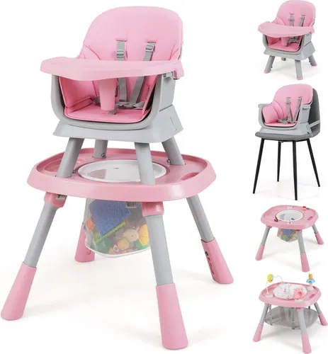 COSTWAY Hochstuhl Baby 16 in 1, Kinderhochstuhl, Spielzeugtisch, Bausteinbrett mit Tablett, 5-Punkt-Gurt & Korb, Babystuhl für Kinder ab 6 Monate