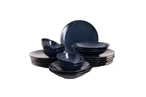 Palmer Kiryu Porzellan-Geschirrset 6 Personen, modernes Tafelservice 24-teilig, Kombiservice Porzellan, Geschirrset Dunkelblau, Spülmaschinen -& Ofenfest
