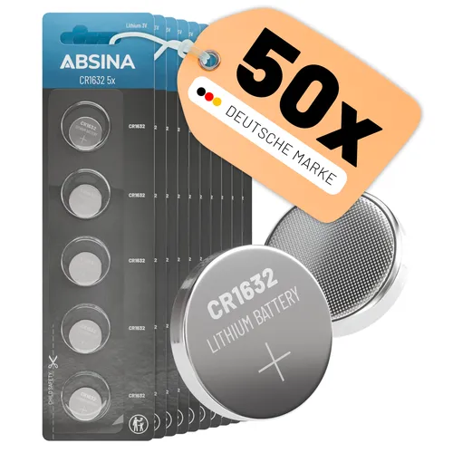 ABSINA CR1632 3V Lithium Knopfzellen 10x 5er Pack - Batterien CR 1632 langlebig